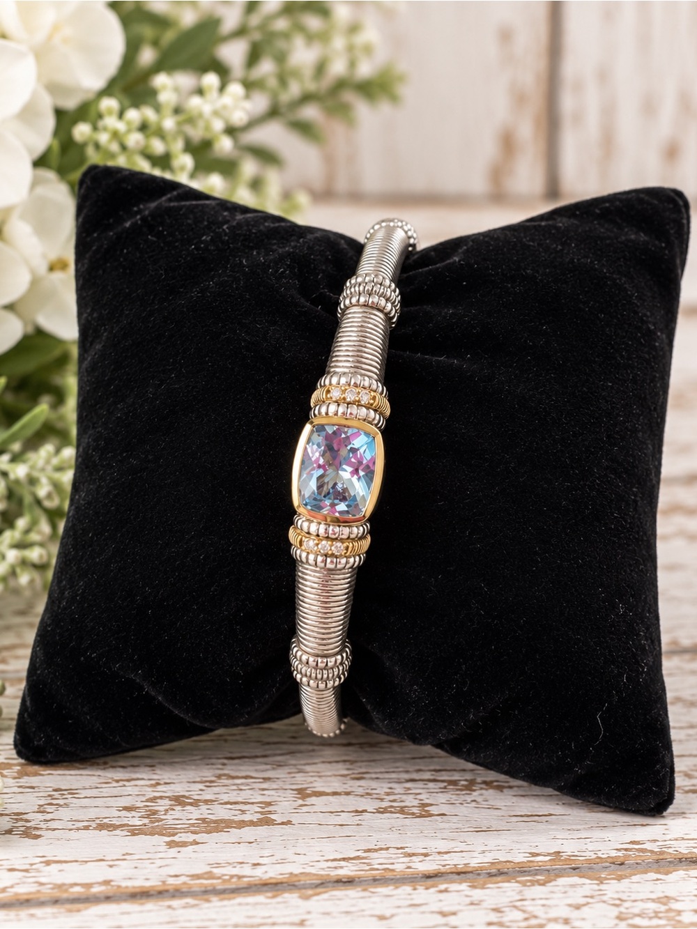 Judith Ripka 18K Gold & Sterling Silver Gemstone Hinged Cuff Bracelet